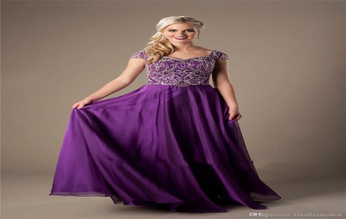 Sparkly Heavily Beaded Bodice Purple Long Modest Evening Dresses With Cap Sleeves Floor Length Evening Prom Dresses High Quality P6426793