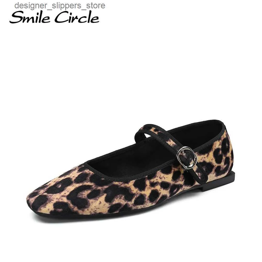 Sandaler Smile Circle Velvet Mary Jane Ballet Flats Womens Shoes Leopard Print Bekväm mjuk rund Tå platt skor Q240314