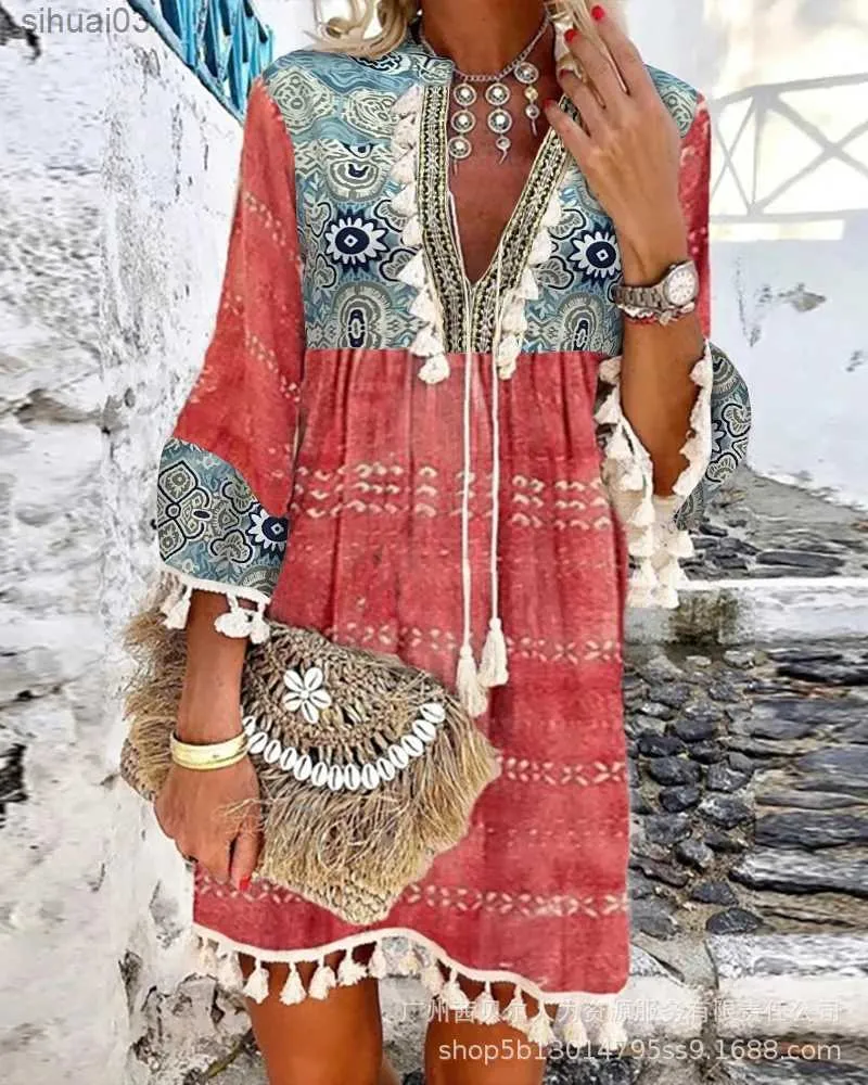 Basic Casual Dresses Allover Geometric Print Tassel Decor Bell Sleeve Dress Women Elegant Summer Y2k Vestido Beach Vacation Boho Summer Sweet BohoL2403