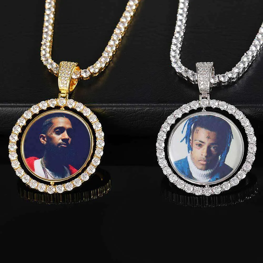 Memory Rotable Double Sided Circular Photo Pendant with Micro Set Zircon Chaoren Hip Hop Frame Necklace