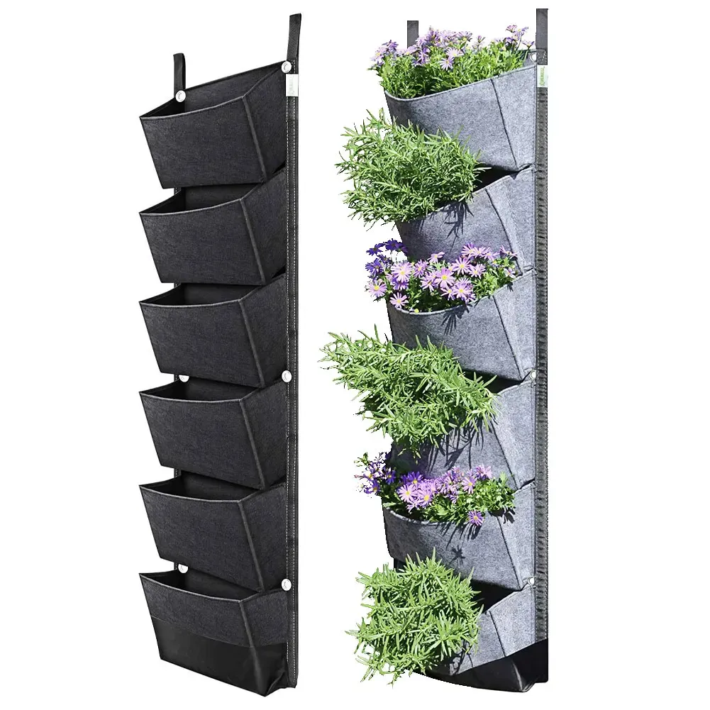 Kits 6 Pocket Vertical Garden Grey Planter Bag Wallmounted Planting Flower Grow Pots 107x 30cm Home Garden Vegetable Fruit Supplies