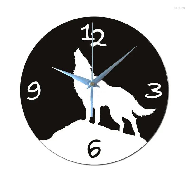 Wanduhren Wolf Verkauf 3D Acryl Spiegel Moderne Wohnkultur Wohnzimmer Stillleben Uhr Aufkleber Quarz Nadeluhr