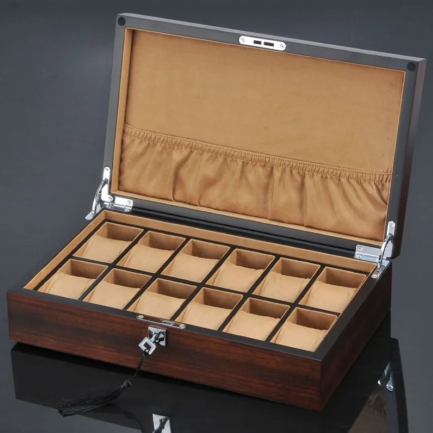 Nuovo 12 slot organizzatore di orologi in legno custodia per orologi di lusso custodia regalo per gioielli in legno scatole di immagazzinaggio in legno con serratura192B