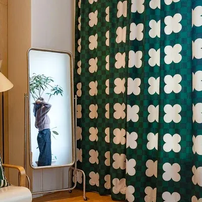 Cortinas flor verde abstrato meio sombreamento livre perfurador colar fita quarto padrão geométrico design porta cortinas