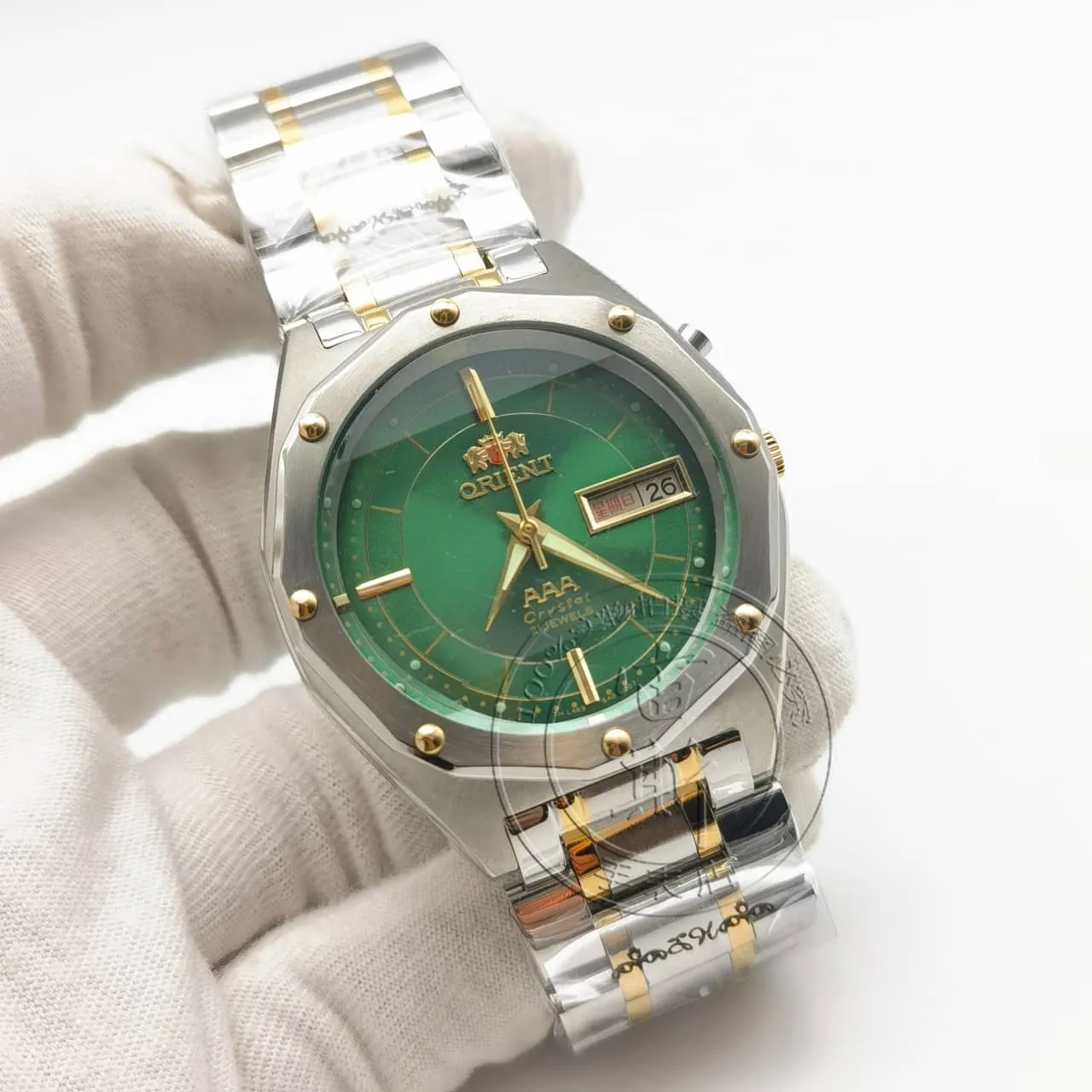 Japanese Oriental Double Lion Mens Fully Automatic Mechanical Watch Night Glow Double Calendar Waterproof Retro Green Rivet Watch