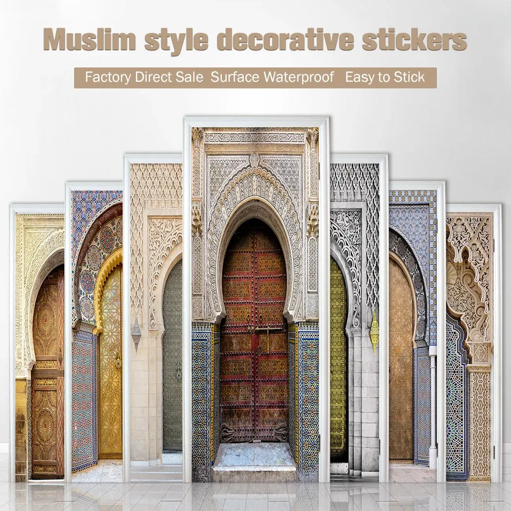 Stickers 2pcs/set Muslim Islam Style Retro Door Art Mural Sticker Corridor Wardrobe Decorative Painting Peel & Stick Waterproof Wallpaper