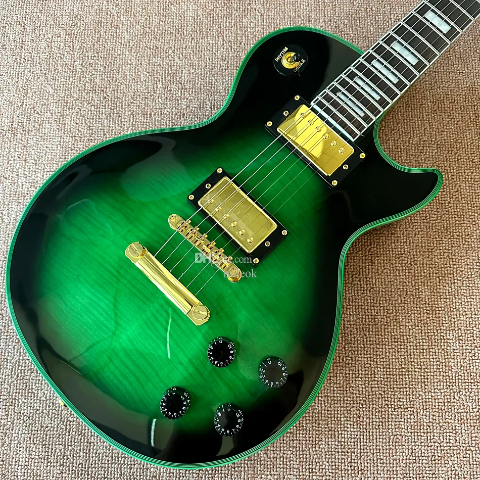 Chitarra elettrica LP, top in acero verde fiammato con cornici nere, tastiera in palissandro, hardware cromato, spedizione gratuita