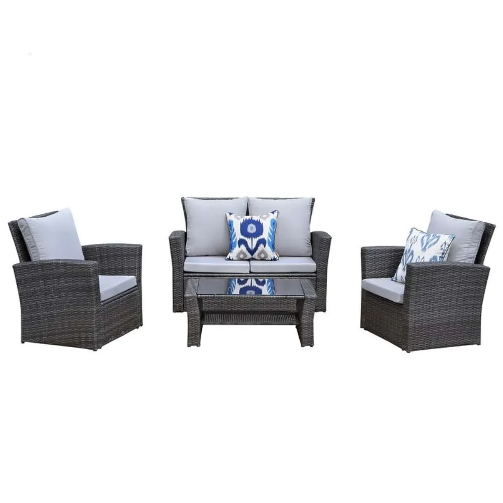 Patio Light Grey 4 Seat Couch Coffee Table Sofa Furniture Set with Rattan Wicker Outdoor Stocked the US, Delivered in 5 Days.