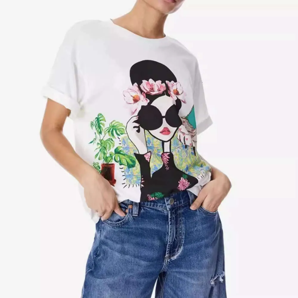 French New Early Spring/Summer Fashion Style Modern Girl Flower Print Round Neck Loose Short Sleeved Alice Olivia T-shirt