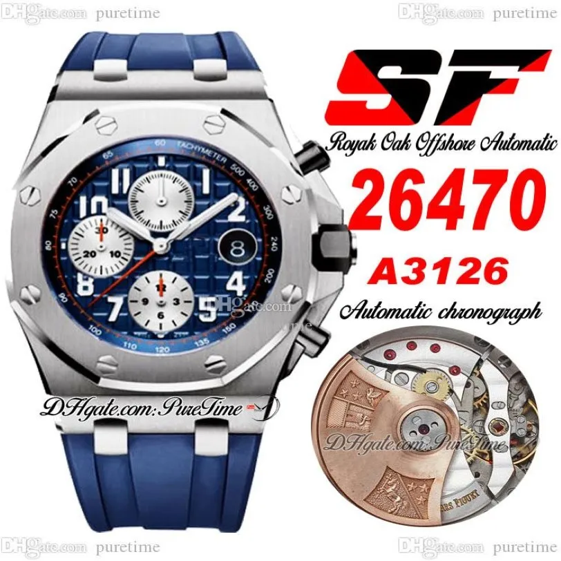 SF 2647 A3126 Automatische chronograaf herenhorloge 42 mm stalen kast Blauwe getextureerde wijzerplaat Zilveren subidiale rubberen band Horloges Super Editi222I