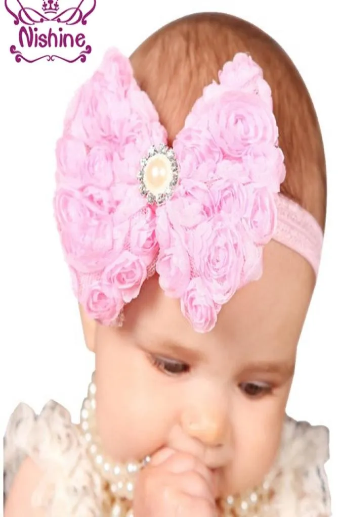Nishine Girls Pearl Double Layer Rose Flowers Bowknot Huvudband Huvudbonader Kids Children Hair Band Head Piece Accessories6519950
