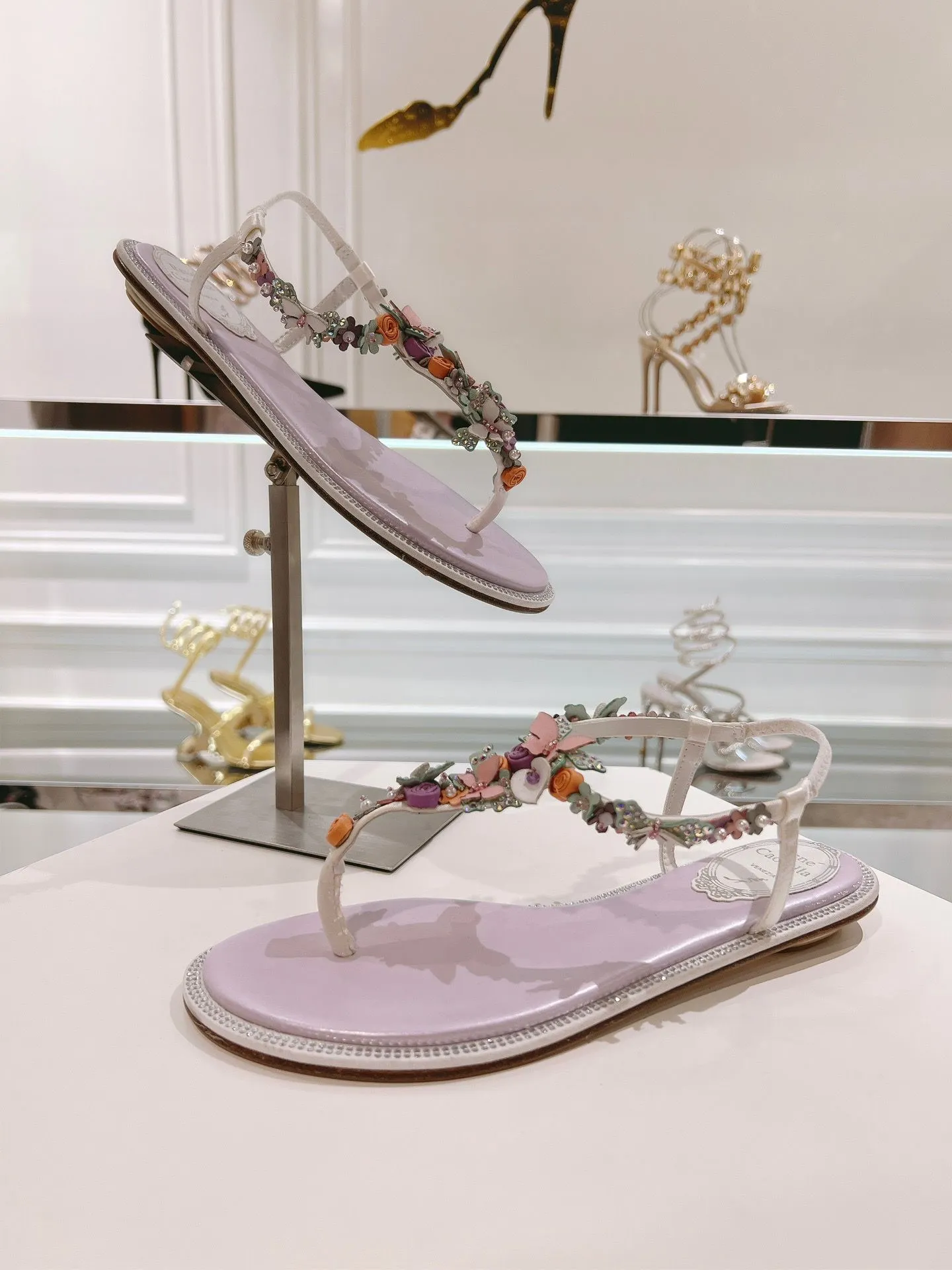 Elegant Rene Caovilla Floral Caterina Thong Sandals Shoes Flowers Bouquet Flip Flops Slides Flats Daily Party Wedding Dress Casual Walking EU35-43