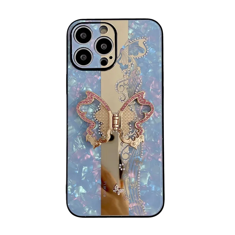 Luxury Diamond Butterfly Foldbar Kickstand Phone Case för iPhone 15 11 12 13 14 Pro Max Fashion Ladies Cover Hard Shell