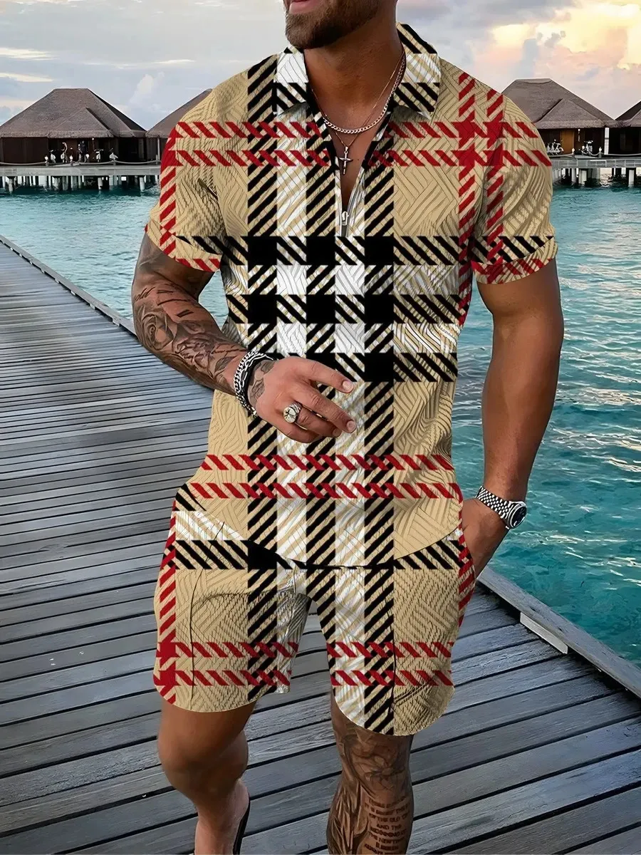 خمر 3D طباعة الرجال القمصان البولو 2pcs مجموعة Zipper Lapel Sets Collarshorts Hawaii Holiday Style Disual Man Clothing 240228