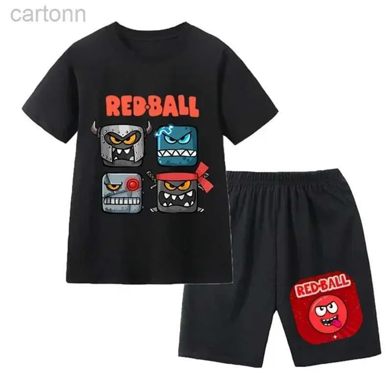 T-shirts röd boll anime tryck sommarintresse barn fritid kort ärm rund hals andas t-shirt för pojkar tjej+shorts set ldd240314