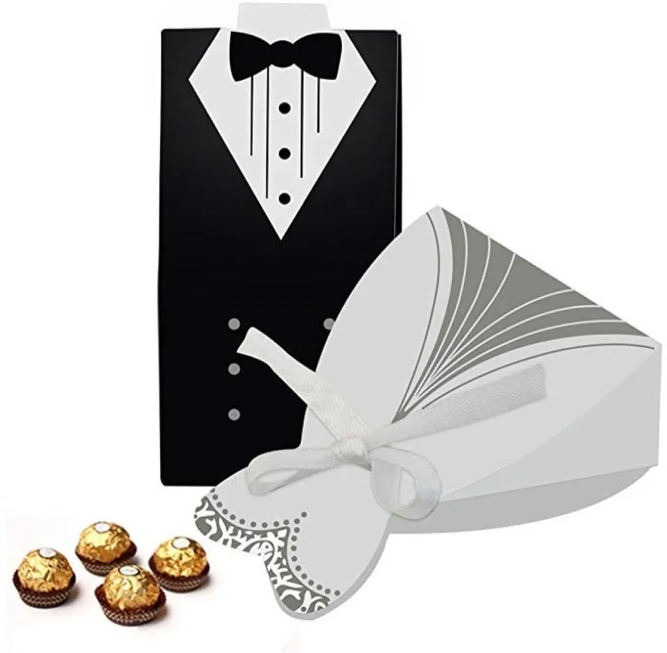 Kreativer Geschenkhalter für Smoking-Brautkleid-Süßigkeitenschachteln, 50 Stück, große Süßigkeiten-Schokoladen-Geschenkbox, Bonbonniere für Hochzeitshalter, Laser Cu5594491