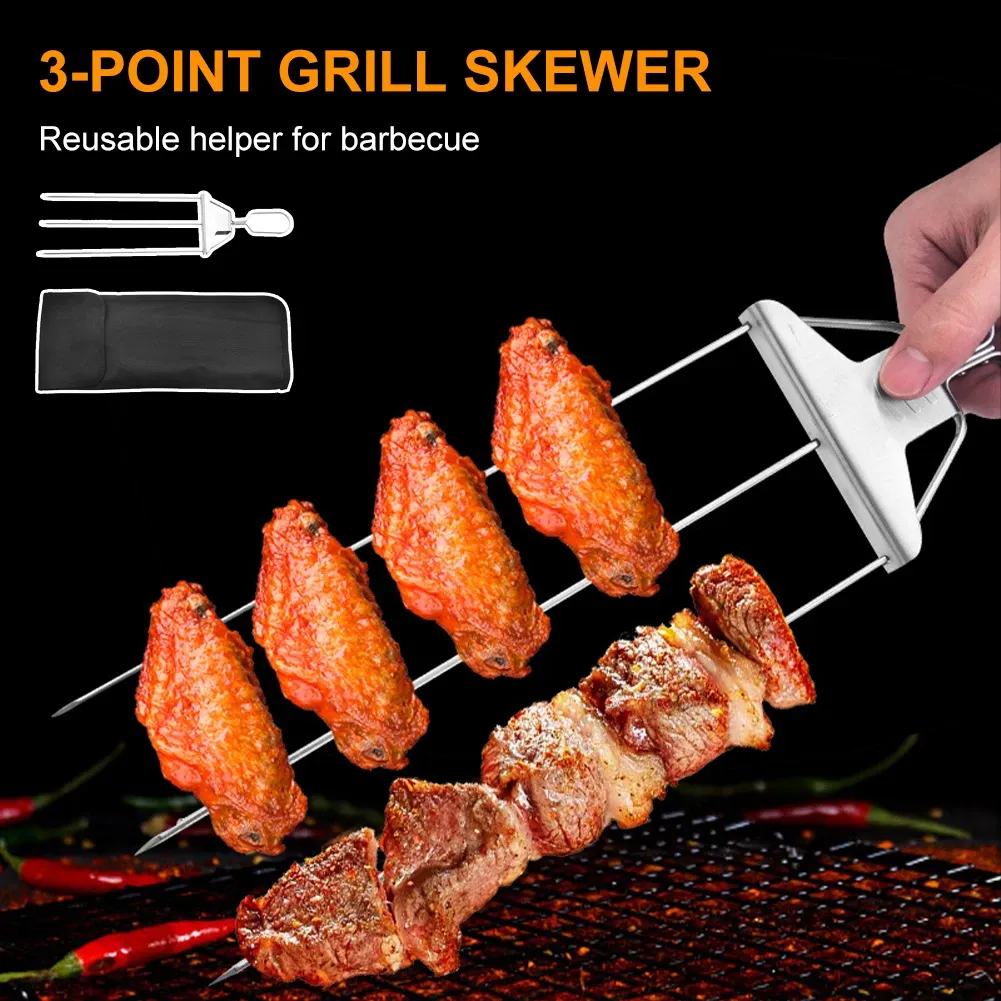 Spiesjes Triple Grill Spies RVS BBQ Grillvork Kabob Spies Stick Push Slider Vaatwasmachinebestendig voor Vlees Vis Groente