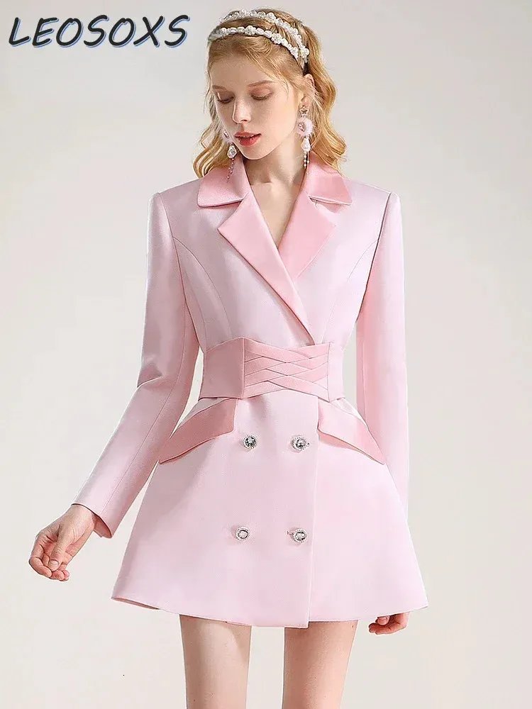 High-Grade Pink Suit Dress Autumn Gentle Sense of Design Stitching Professional Commute Waist Seal Formal Blazer Dress 240313