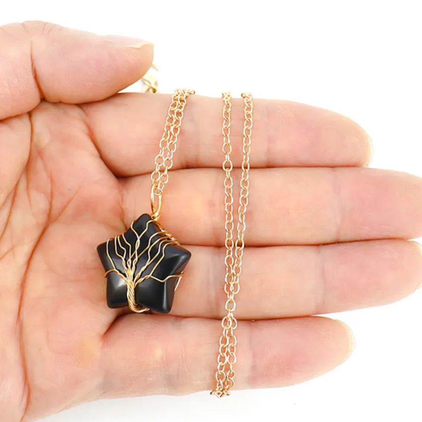 Natural Stone Star Pendant Necklace Tree of Life Hand Guldtråd inslagna grus Healing Gemstone Pendant Halsband Kvinnor smycken