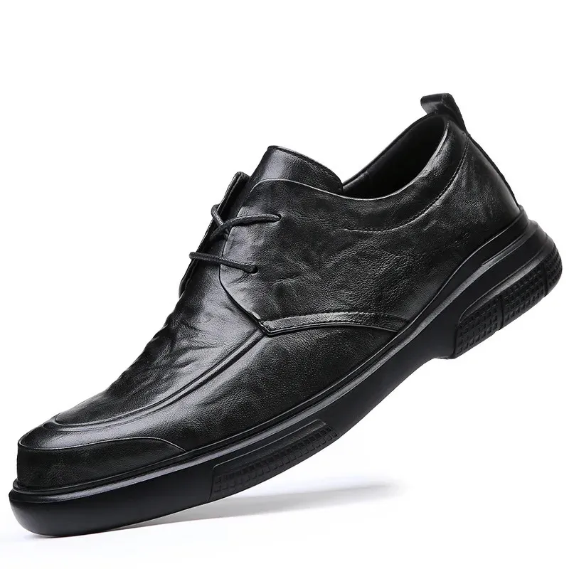 Chaussures en cuir souple antidérapantes et respirantes pour hommes, chaussures de styliste décontractées à la mode, couleur unie, plateforme noire, 240304