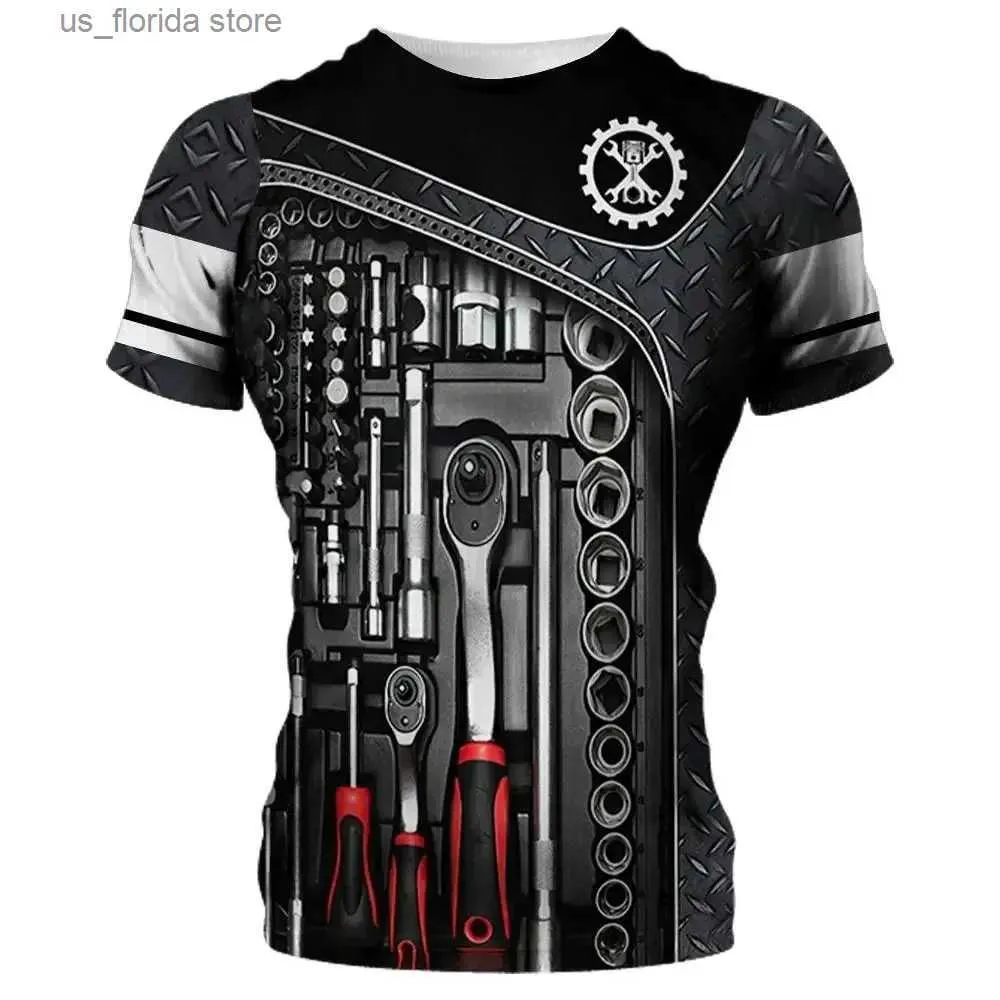 Men's T-Shirts Vintage Shirt for Men Mechanical Tools 3D Print T-Shirts Short Slve Jersey Casual Tops Oversized Fashion Breathable Clothing Y240314