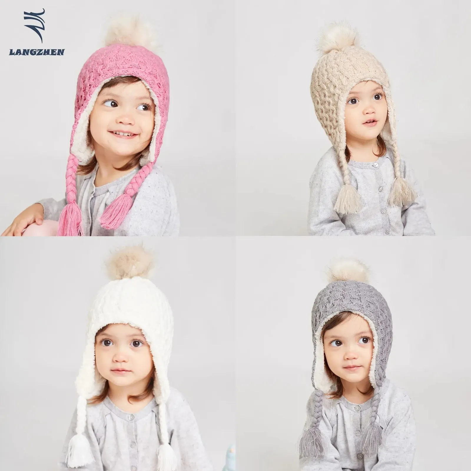 04 года, детская осенне-зимняя шерстяная вязаная шапка с помпоном для защиты ушей, бархатная толстая 240229