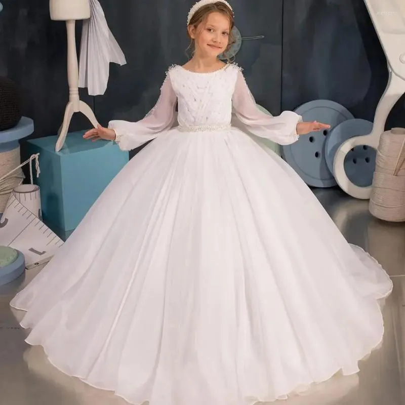 Mädchenkleider Elegantes weißes Blumenkleid für die Hochzeit, Applikation mit Pailletten, Perlenstickerei, geschwollene Schleife, erste Eucharistie-Geburtstagsfeier des Kindes