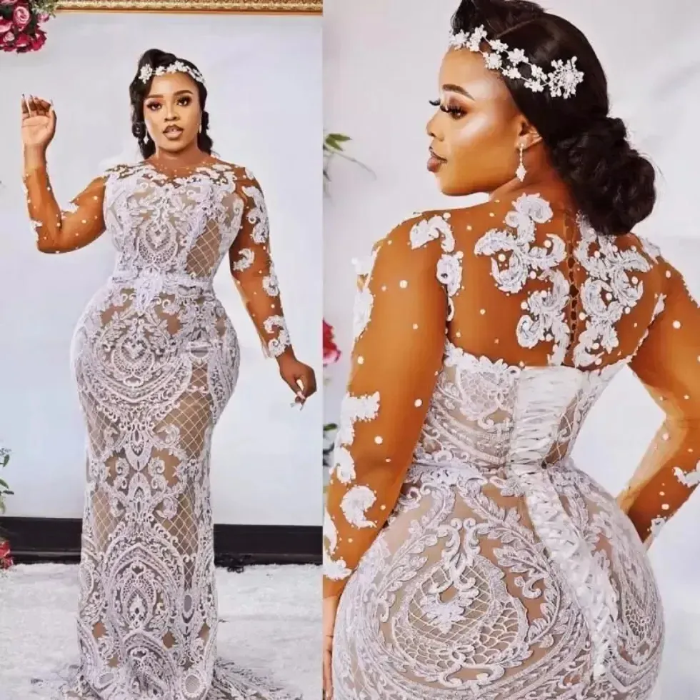 Aso Ebi Champagne Sereia Vestidos de Noiva Vestidos de Noiva Jewel Neck Mangas Compridas Rendas Brancas Apliques Beads Corset Voltar Plus Size Robe