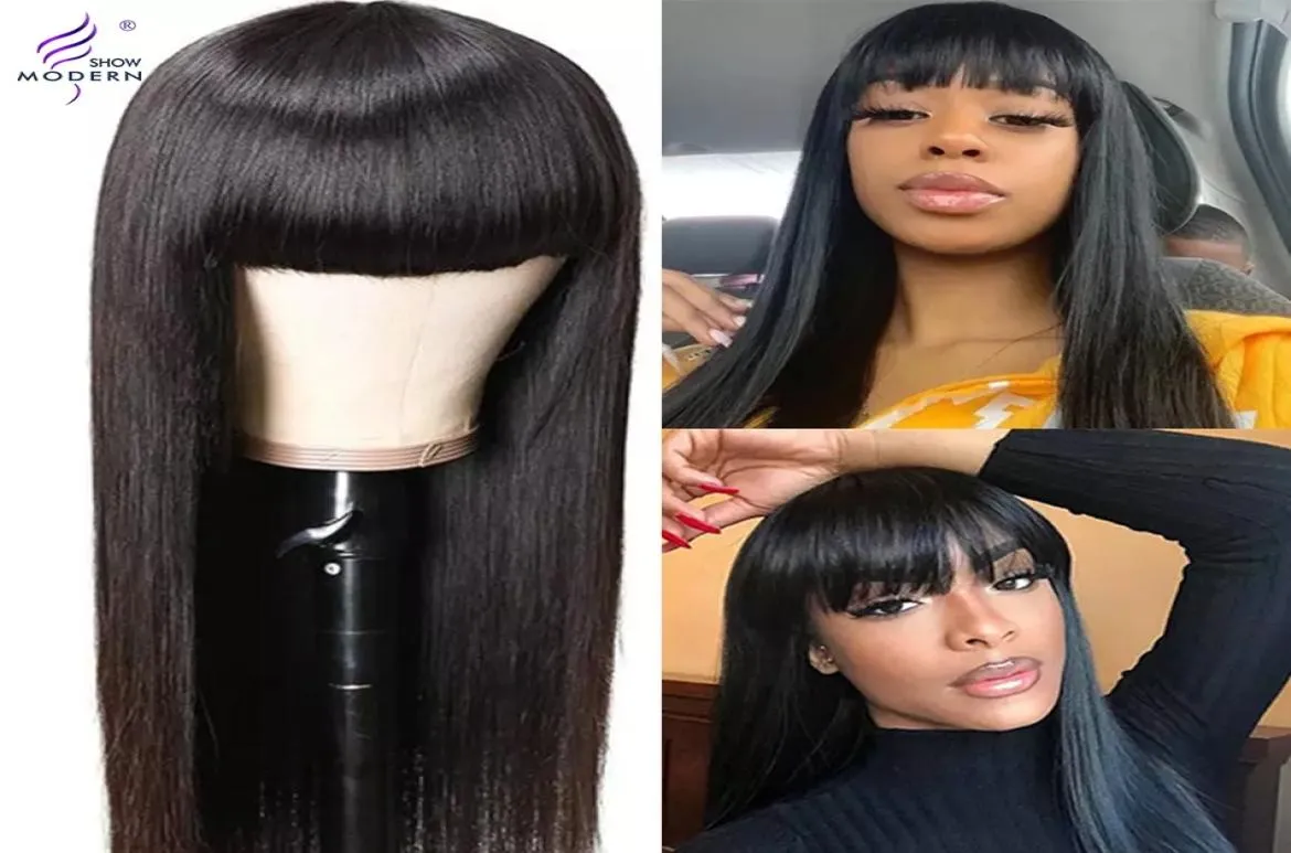 Modern Show Brazilian Straight Human Hair Wigs with Bangs Non Lace Full Machine Wig Fringe Remy Hair 150 Natural Color2686495