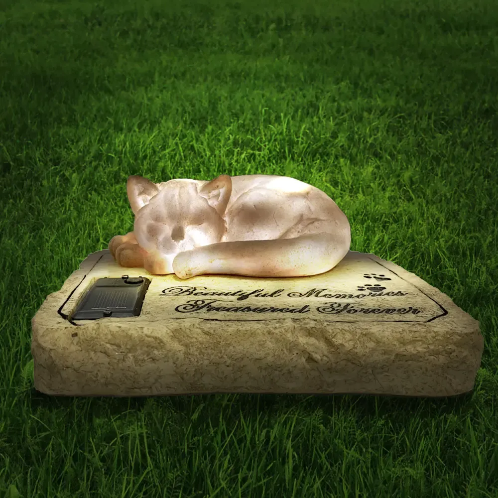 Gravestones Solar Lights Cat Pet Memorial Stone Loss of Cat Sympathy Gifts Tombstone Grave Maker With a Sleeping Cat On the Top Garden Deco