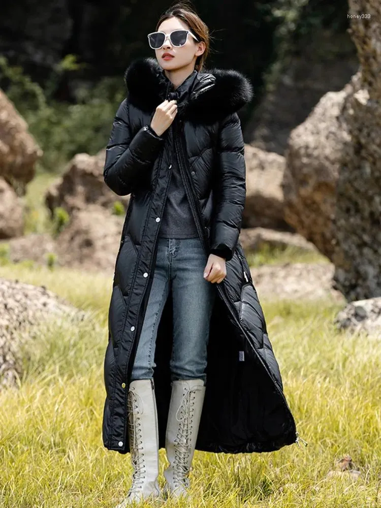 여자 트렌치 코트 TXII 90 벨벳 세척되지 않은 광택 장사 슬림 무릎 발목 겨울 2024 여성을위한 슈퍼 롱 다운 재킷