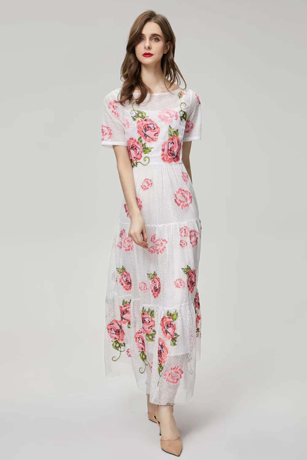 2024 Summer Embroidery Floral Print Women's Dress Stand Collar dragkedja Kortärmad Kvinnas avslappnade långa klänningar AS091