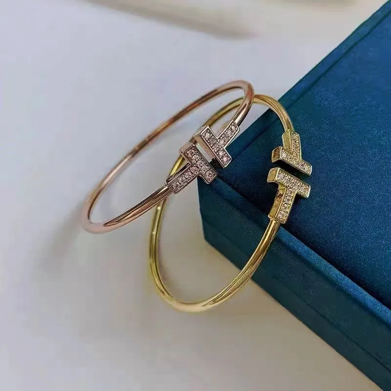 INS Blogger's Same Love Colorful T Bracelet Plated with 18K Rose Gold Diamond Double T Bracelet Elastic Open Bracelet with Versatile Style in Stock