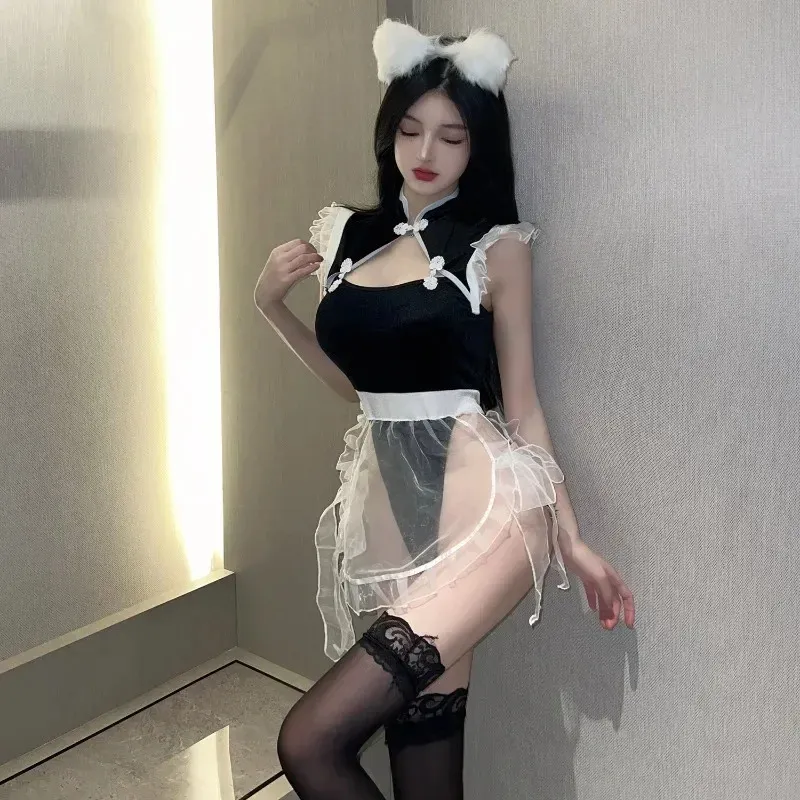 Sexy Mesh Maid 18 Épissage Uniforme Jupe Combinaison Stripper Corps Exotique Lingerine Outfit Adulte Cosplay Anime Babydoll Body 240311