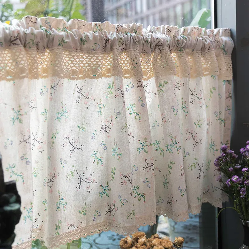 Cortinas cortas para ventana de cocina, decoración de encaje con estampado de flores, casa de granja, cocina, cubierta de armario, estilo rústico americano