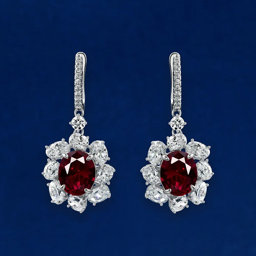 Kolczyki oevas 100% 925 srebrne srebrne 9*11 Kolczyki z czerwonymi korundami w kształcie jajka Wysoka węglowa diament dla kobiet wywołujących biżuterię ślubną ślubną biżuterię