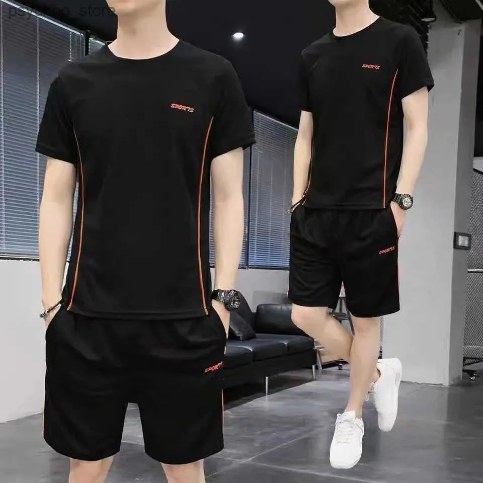 Heren trainingspakken Zomer heren sportkleding fitness T-shirt met korte mouwen + hardlopen casual sneldrogend ademend sportshirt tweedelige set Q240314