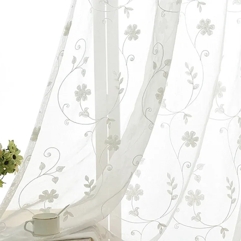 Cortinas bordadas florais brancas de tule, cortinas para sala de estar, voile europeu, cortinas transparentes para quarto, cozinha