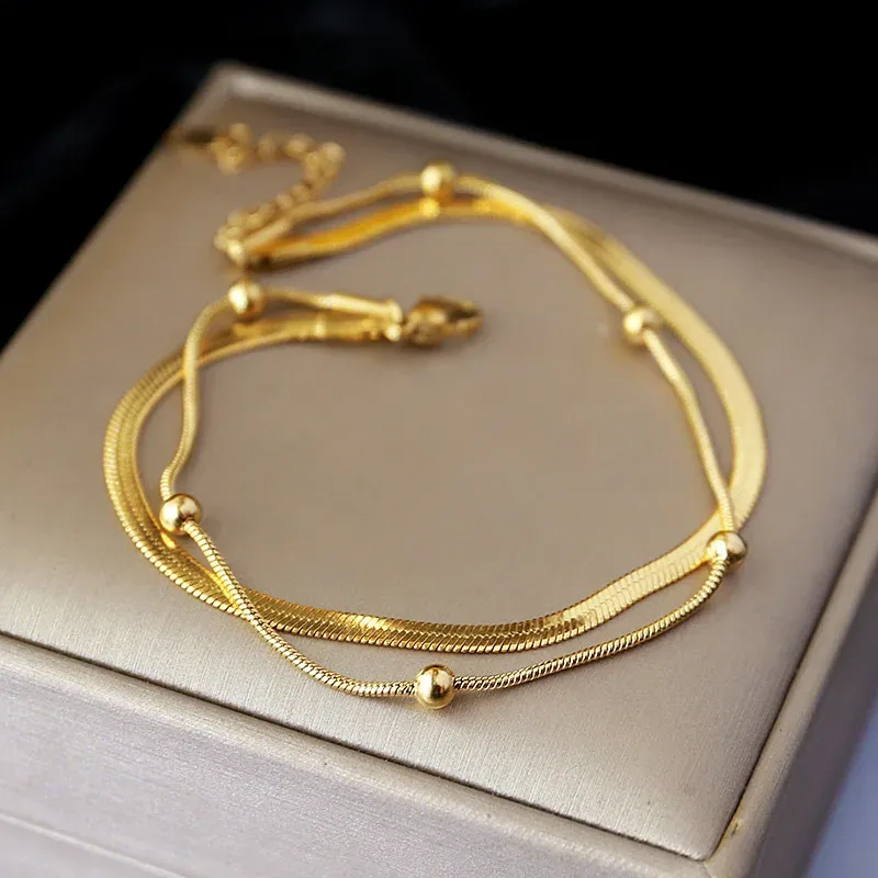 14k Yellow Gold Color Double Layer Anklets for Women and  display picture 1