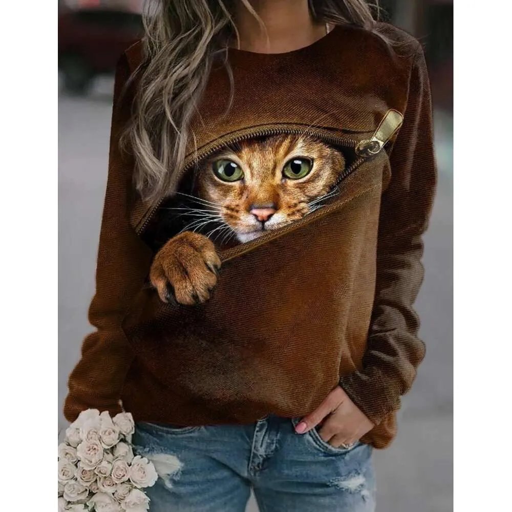 Designer women's hoodie Spring and Autumn 2024 New Thin Cat Print Round Neck Casual Womens Pullover Long Sleeve Sweater Men's Fashion T-shirt sweatshirt clothes9PD2