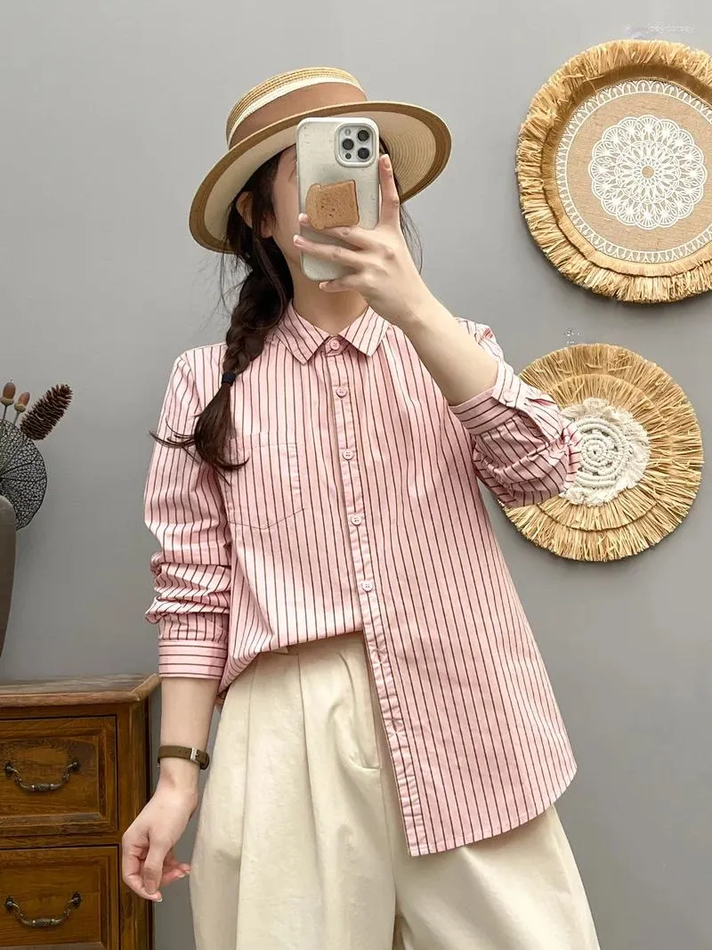 Women's Blouses 2024 Pink Striped For Women Korean Fashion Long Sleeve Cotton Stripes Elegant Shirt Plus Size Tops