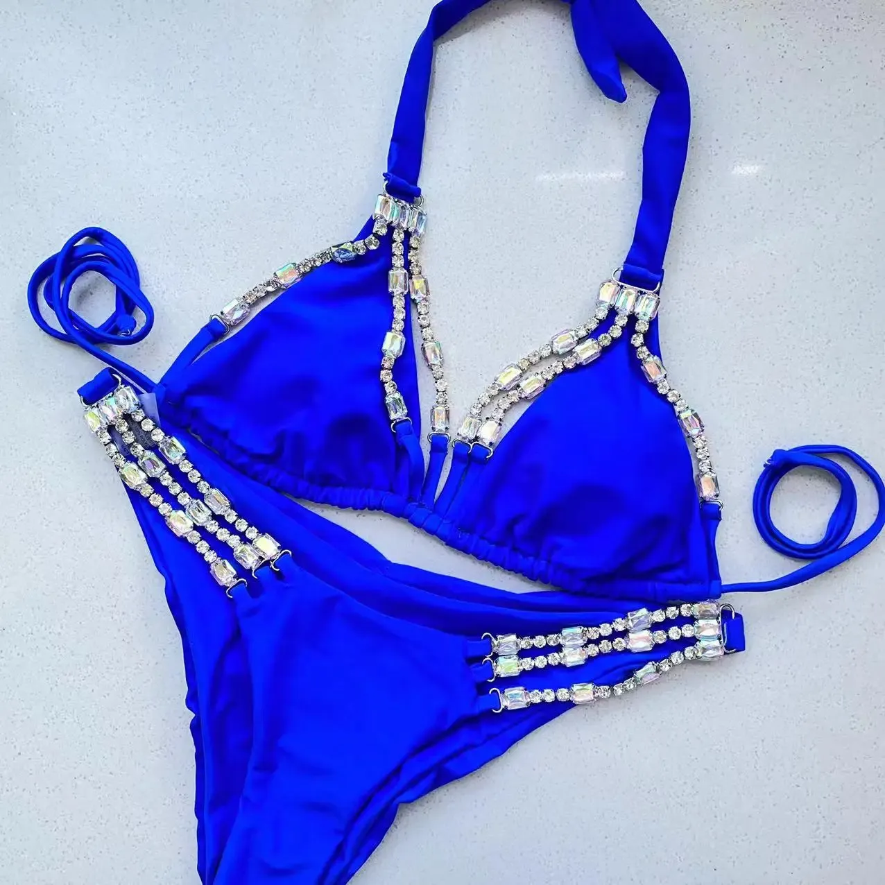 Conjunto de bikini con diamantes de imitación y joyas para mujer, traje de baño azul real de 2 piezas, traje de baño de lujo, cubre traje de baño 240308