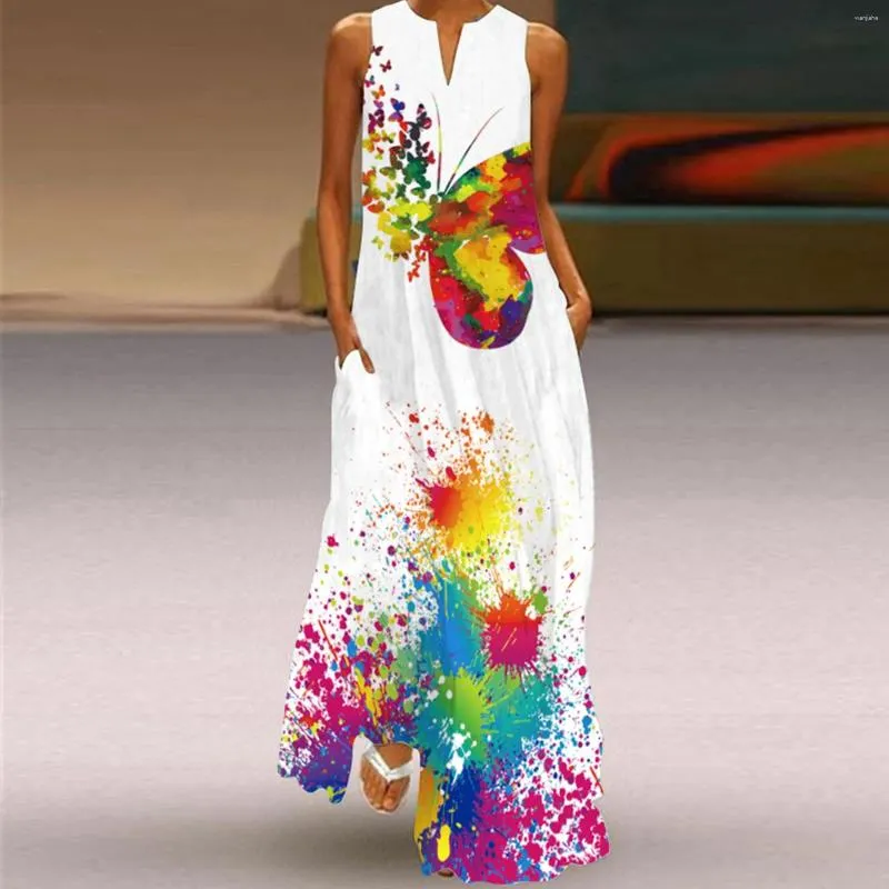 Casual Dresses 2024 Summer Vintage Abstract Print Maxi Dress Women Retro Loose V Neck Sleeveless Pocket Beach Boho Lady Long Robe