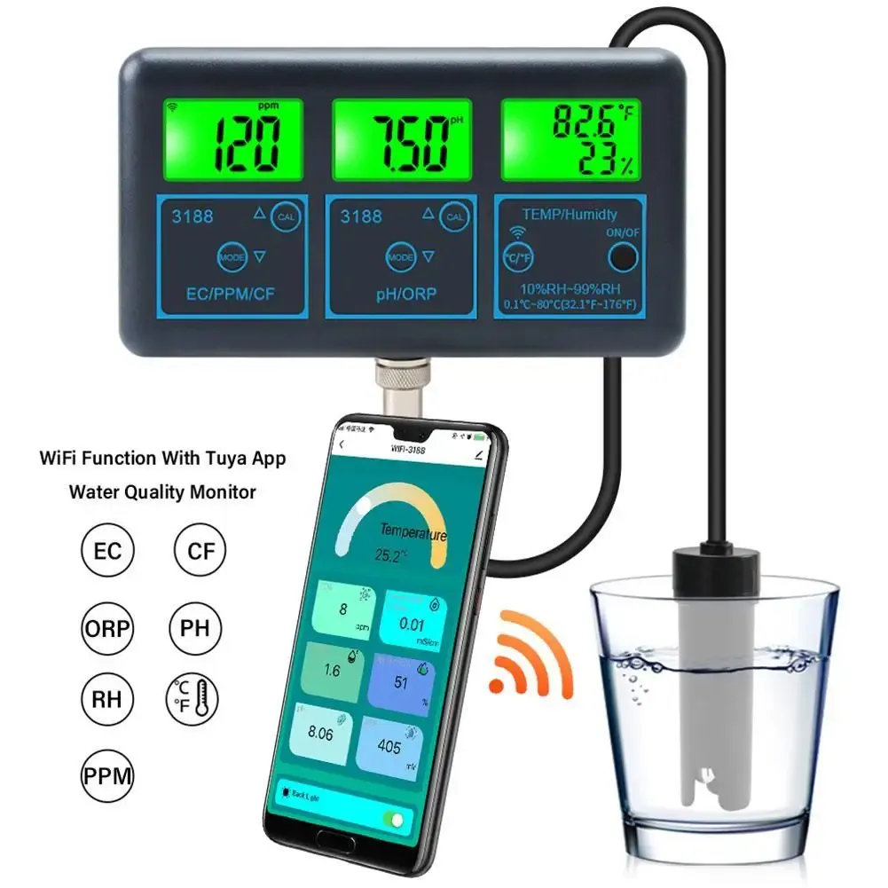 Testning 7in1 Vattenkvalitetstestare PH/ORP/EC/PPM/CF/Fuktighet/temperaturmätare för vattenakvarium App Digital Smart Water Tester Monitor