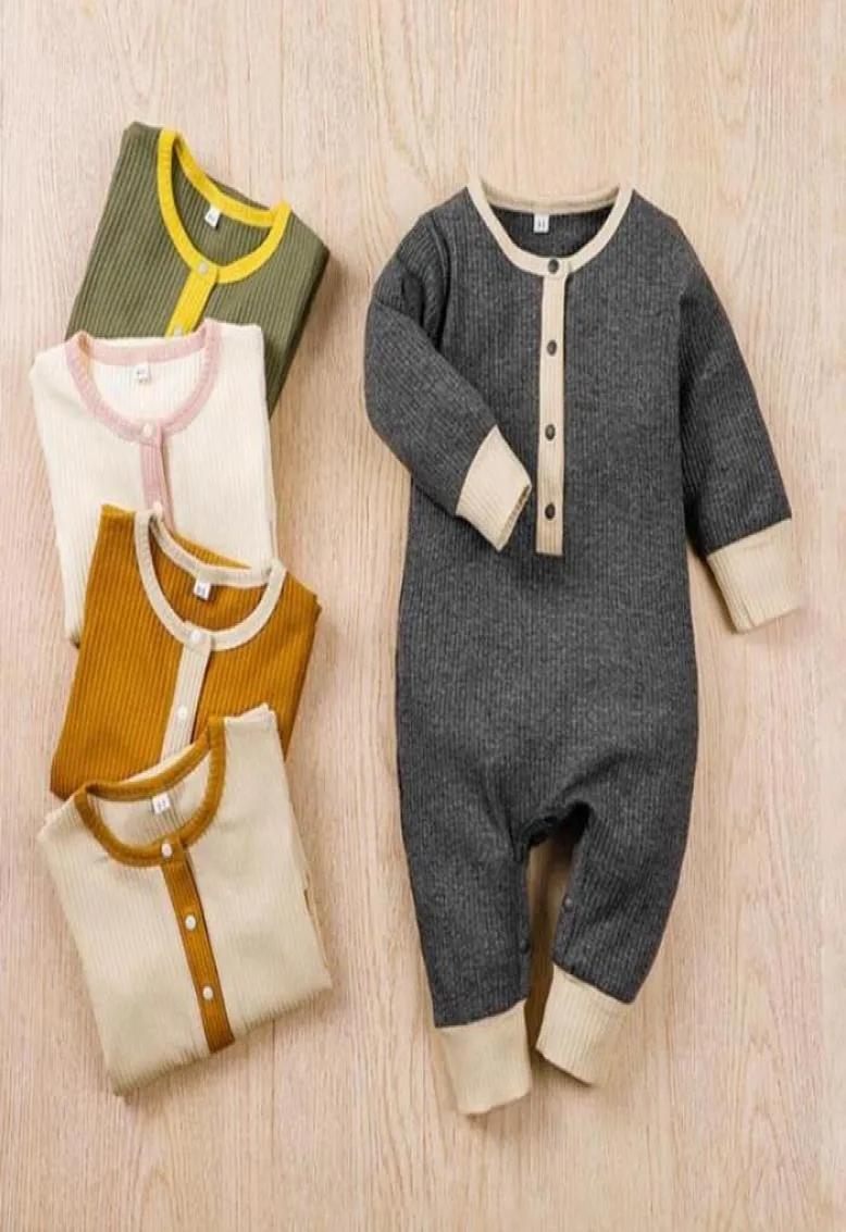 Baby kläder knapp spädbarn pojke rompers lång ärm nyfödda tjej jumpsuits kontrastfärg barn bodysuit baby boutique kläder 9213734