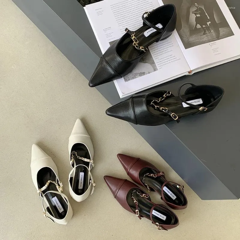 Casual Shoes Pointed Toe Women Flats Loafers Metal Chain Black Beige Wine Red Dress Flat Low Heels Elegant Office Ballet Dance Mules