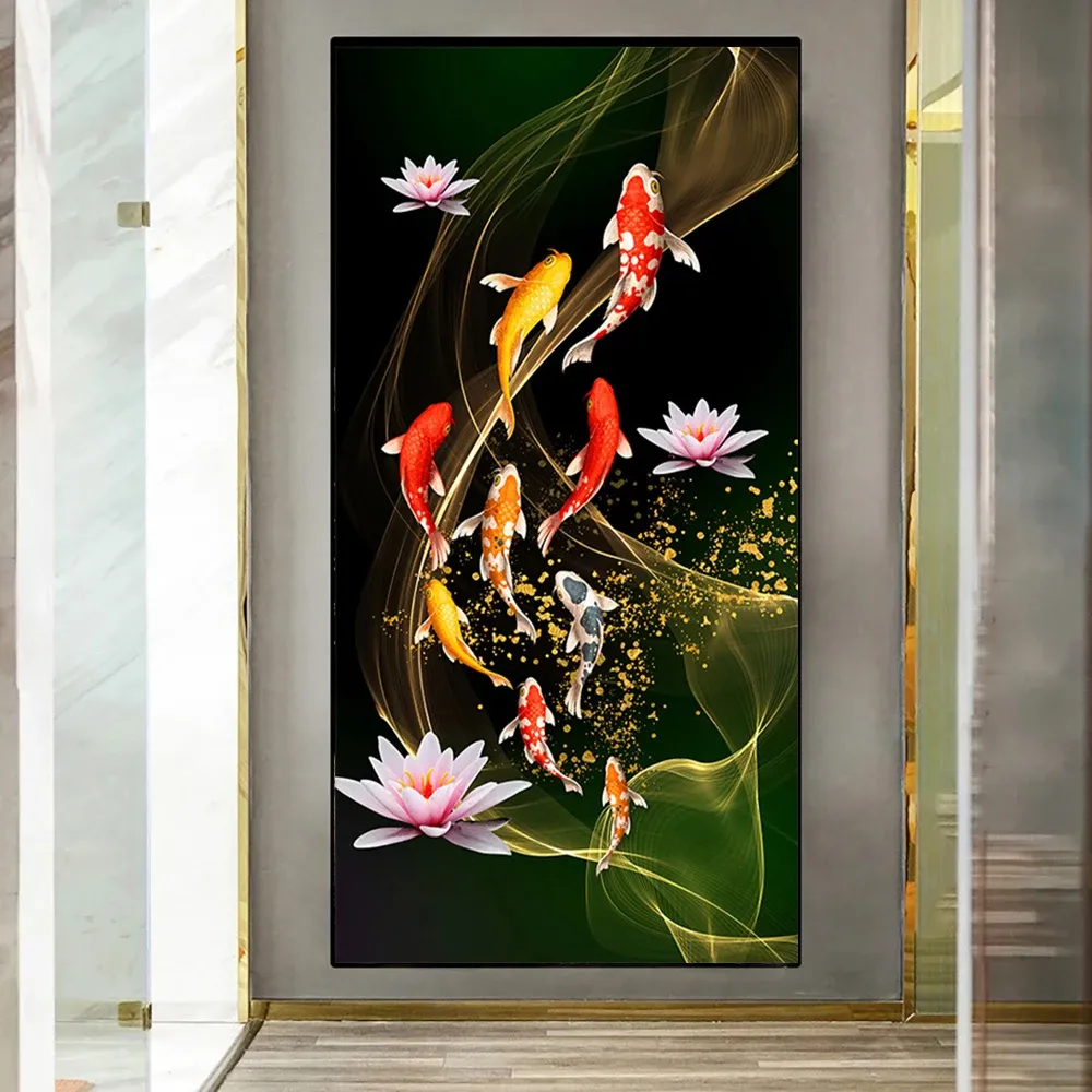 Ponto diy 5d pintura diamante peixe koi artesanato diamante bordado carpa e flor de lótus cenário ponto cruz arte da parede decoração casa