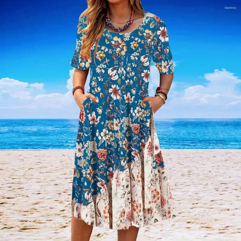 Casual Dresses Soft Fabric Dress Floral Print A-line Midi With Pockets For Women Breathable Summer O Neck Comfort