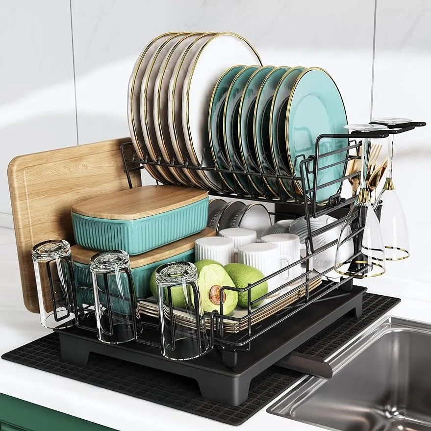 キッチンカウンター用のマジャリス皿乾燥ラック、ステンレススチール大型ディッシュドレーナーストレーナーシンク用のドレインボードセット、調理器具ホルダー付き2層、カップホルダー