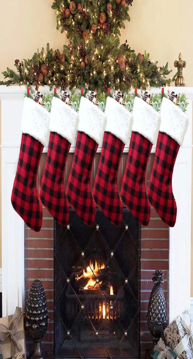 Sac cadeau de bas de noël à carreaux, chaussettes d'ornement d'arbre de noël, bonbons du père noël, décorations de fête de noël à la maison, 8624964